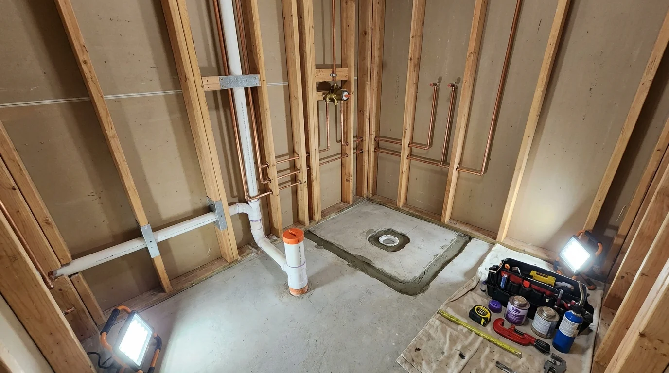 Bathroom rough-in plumbing during remodel by Johns Plumbing LLC in Britton