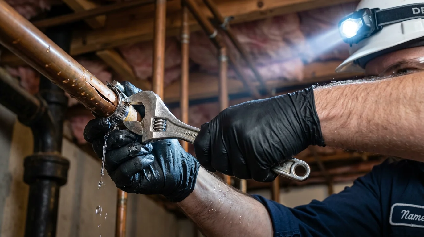 Emergency pipe clamp repair being performed by a Johns Plumbing LLC plumber in Britton