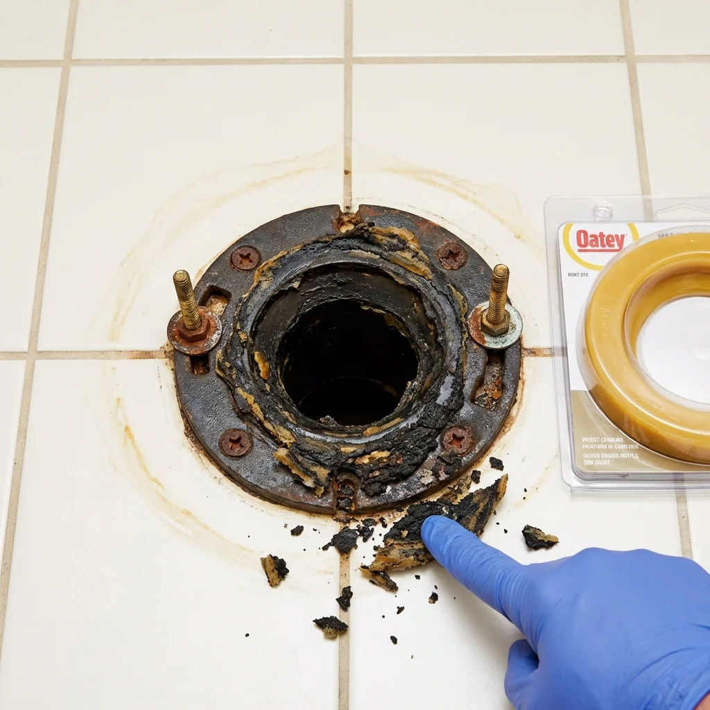Failed wax ring showing water seepage at the base of a toilet in a Britton, SD home